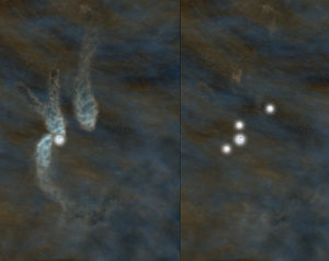 Artist's conception of the B5 complex as seen today, left, and as it will appear as a multiple-star system in about 40,000 years, right. Credit: Bill Saxton, NRAO/AUI/NSF