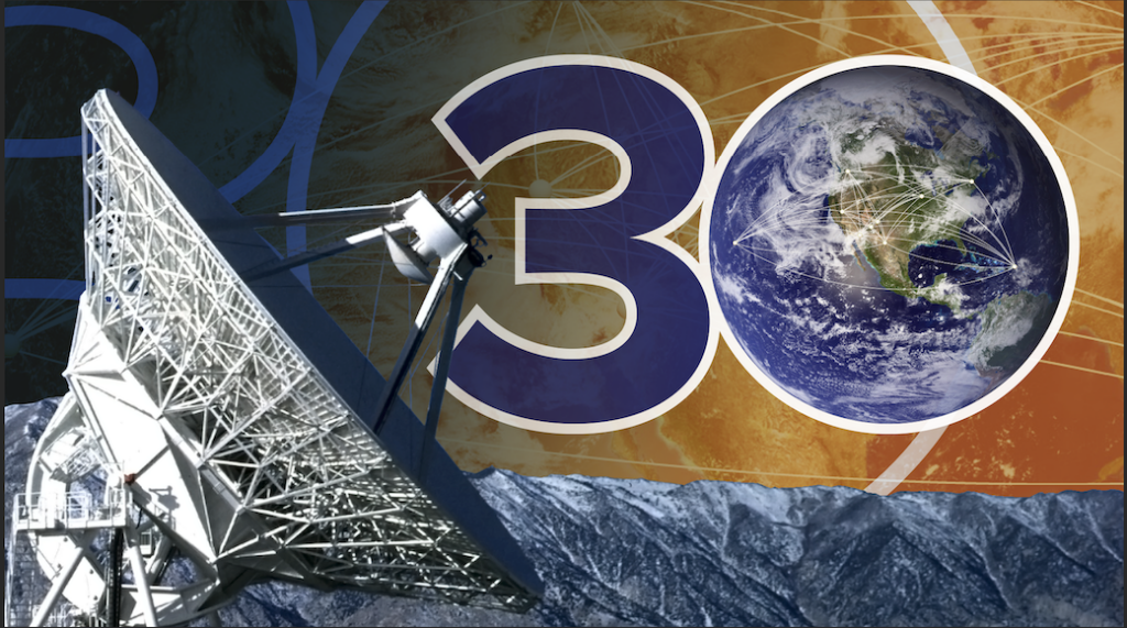 Antenna of the VLBA with "30" in the top right corner