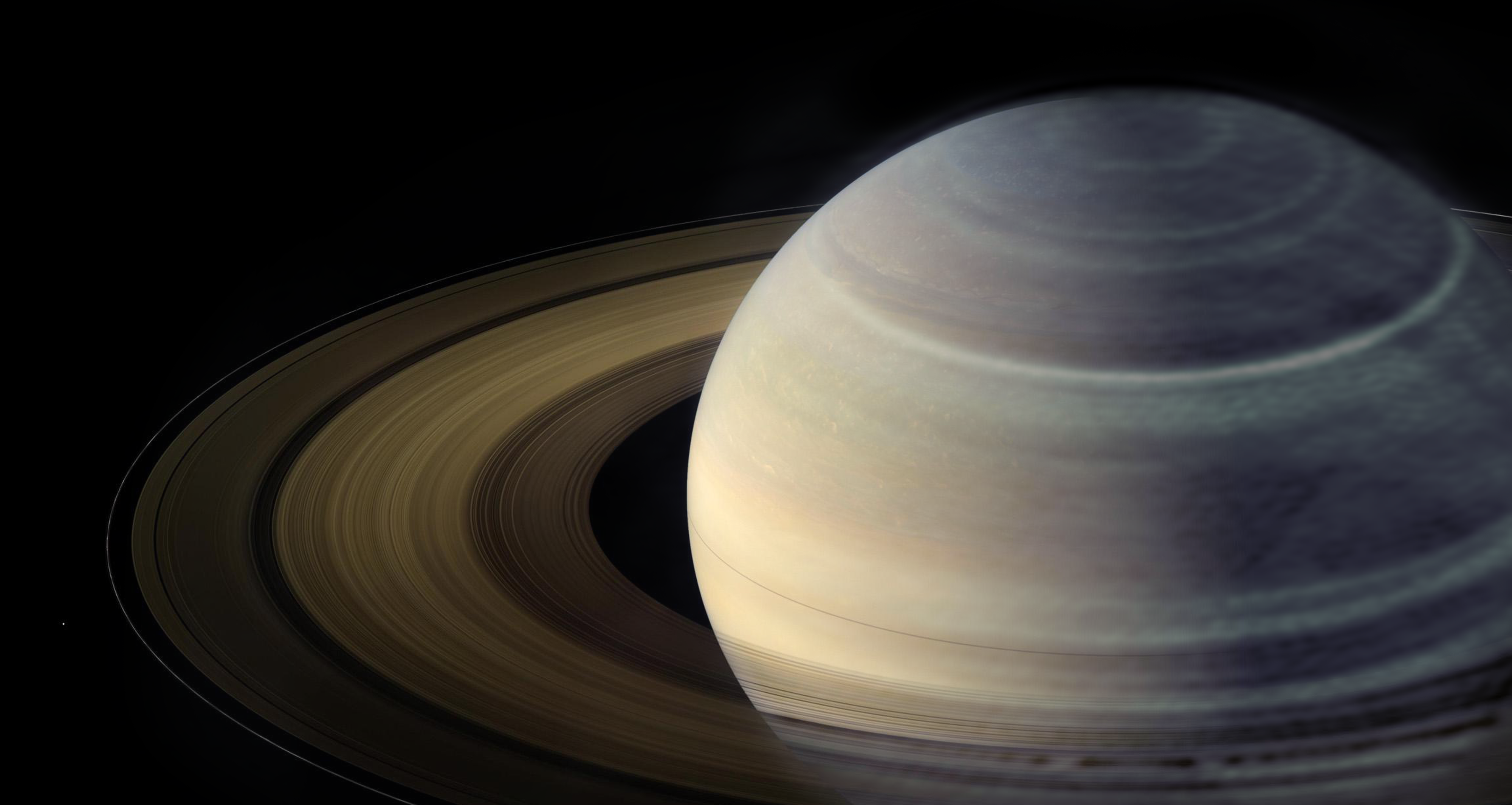 Composite of Saturn shows VLA data overlaid on a Cassini closeup of Saturn and shows the atmosphere in stark detail.