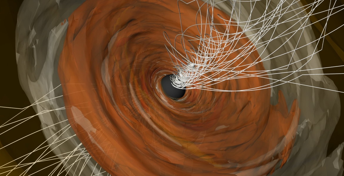 A computer simulation of a disk of plasma around the supermassive black hole at the center of the M87 galaxy.