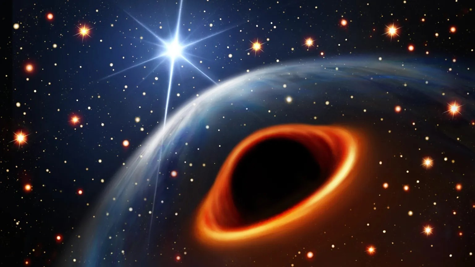 A black hole encircled with an orange ring surrounded by stars. One star is much larger and brighter than the rest.