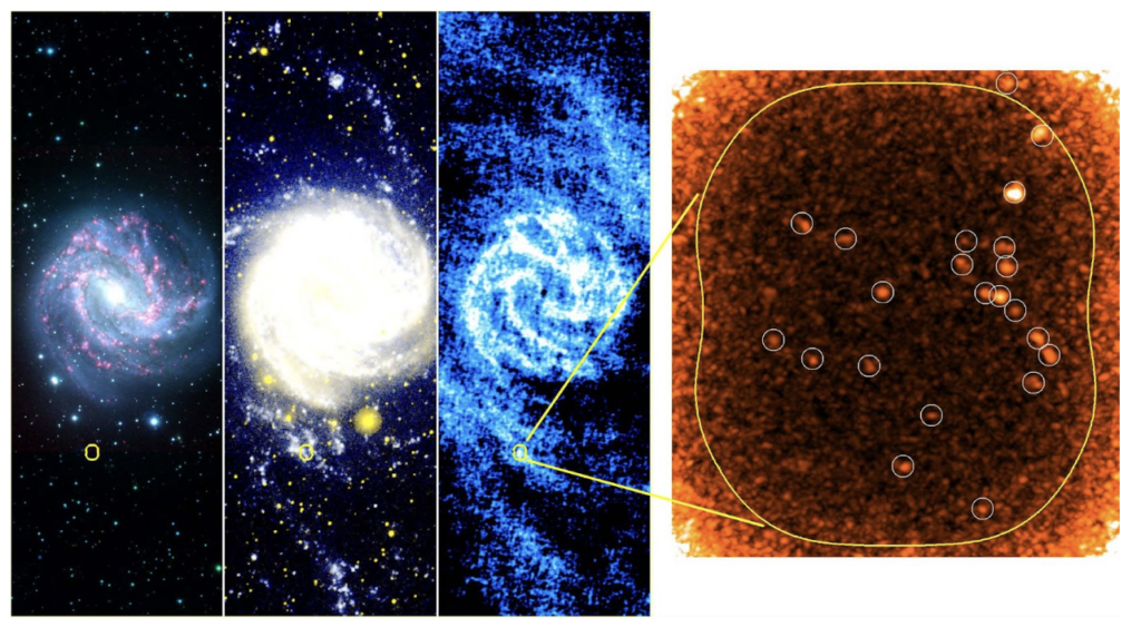 From left to right: optical image from CTIO, ultraviolet image from GALEX, HI 21cm image from VLA and GBT, and CO(3-2) image from ALMA. In this last image, the star-forming “hearts” of molecular clouds, circled with white, are shown.
