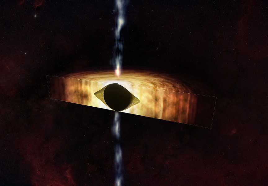 Sagittarius A, a black hole at the center of the Milky Way, spins so quickly that it warps spacetime, causing it to look more like a football.