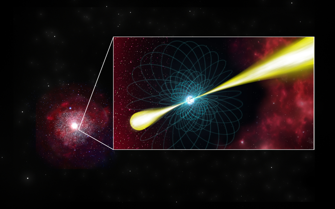 Digital illustration of a pulsar beaming into space