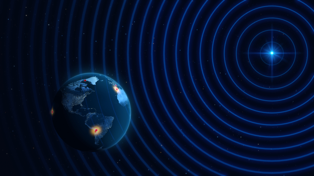 A digital illustration showing the locations of multiple radio observatories across the Earth, which participated in a pilot experiment conducted by the Event Horizon Telescope (EHT) Collaboration that obtained the highest-resolution observations from the ground. 