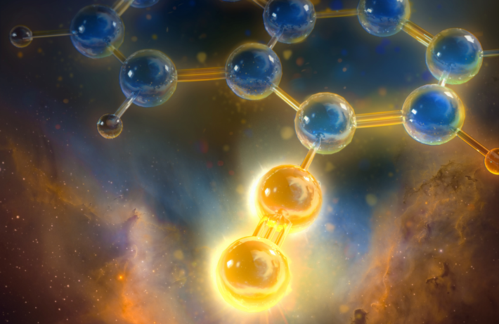 Digital illustration of a carbon molecule with the cosmos in the background.