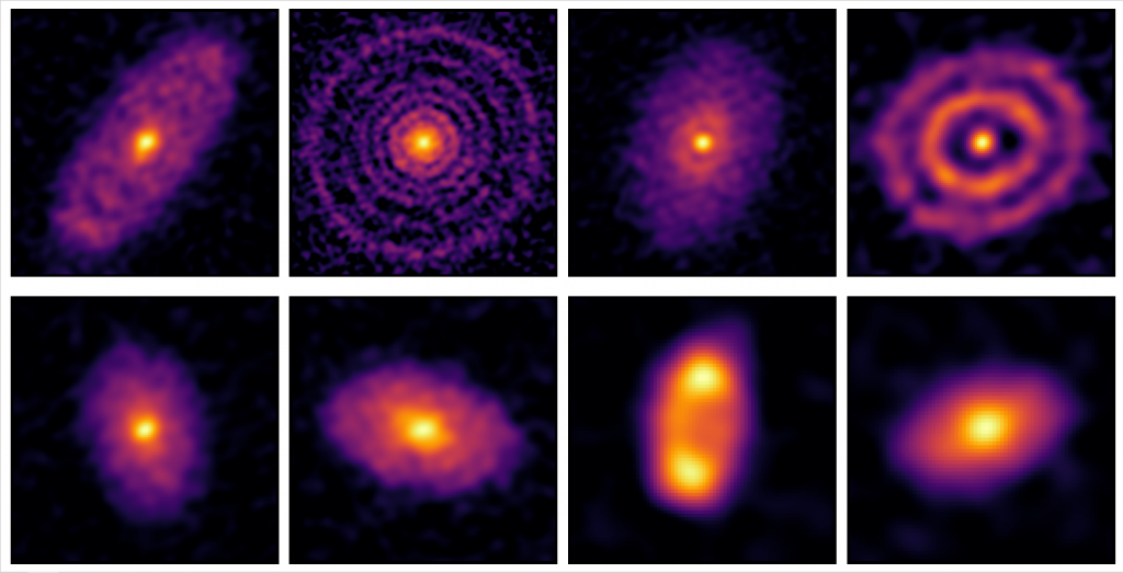 Eight radio images of disk structures.