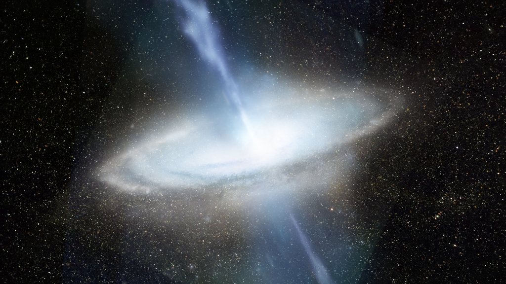 Digital illustration of NGC1068, featuring its powerful black hole and accretion disc, and never before seen polarization in water masers outside of our galaxy.