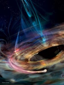 Digital artwork showing an artistic interpretation of a black hole with vibrant streams of blue, pink, and white particles swirling into the dark center, set against a starry space background.