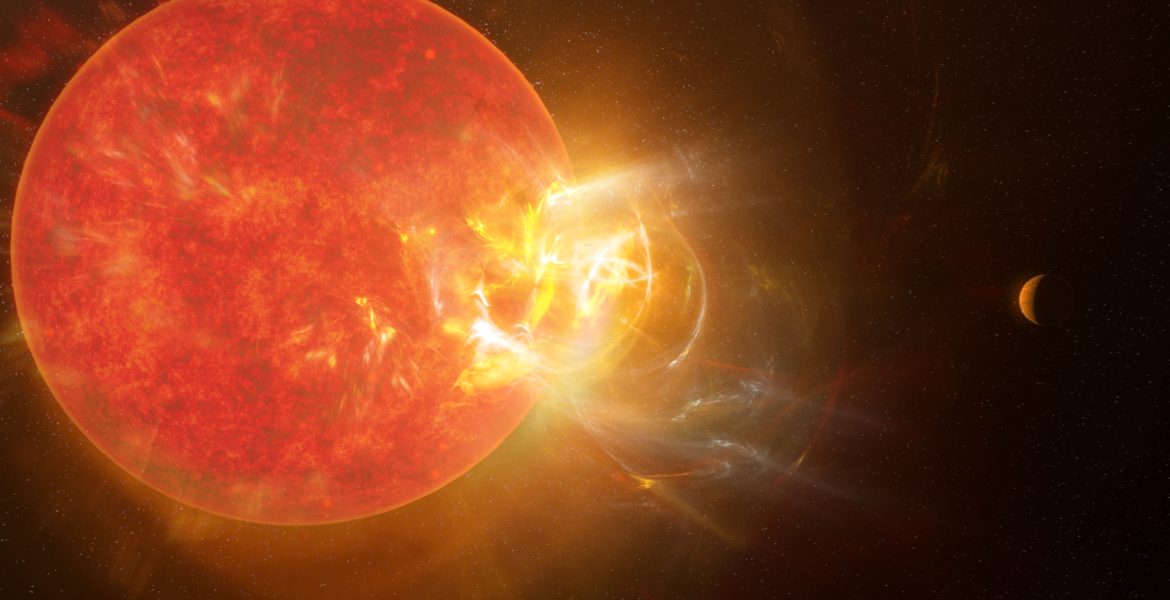 A digital illustration of a solar flare erupting from the Sun, with a small planet visible in the distance against a starry background.