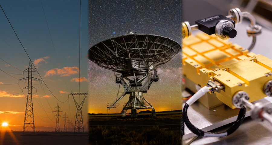 A triptych image featuring, from left to right, electrical power lines at sunset, a large satellite dish under a starry sky, and close-up of scientific instruments and wiring.