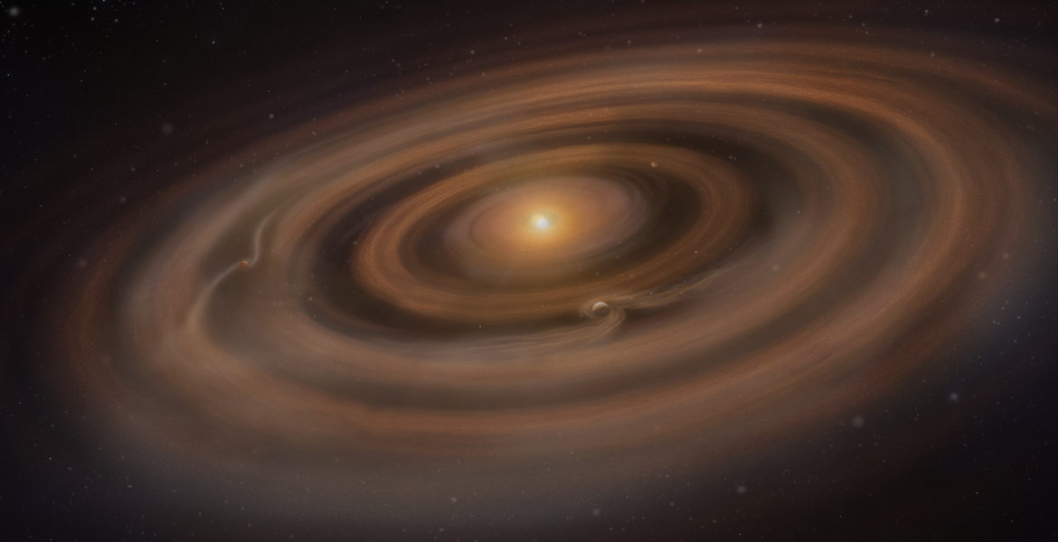 An artistic depiction of a young star systems featuring multiple rings of dust and gas orbiting around a bright central core.