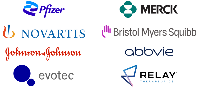 Logos of AbbVie, Bristol Myers Squibb, Evotec, Johnson & Johnson, Merck, Novartis, Pfizer and Relay Therapeutics.