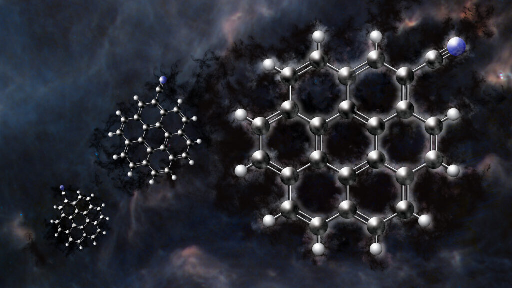 Digital model of the polycyclic aromatic hydrocarbon detected to date, cyanocoronene. This molecule, composed of seven interconnected benzene rings and a cyano group (C₂₄H₁₁CN).