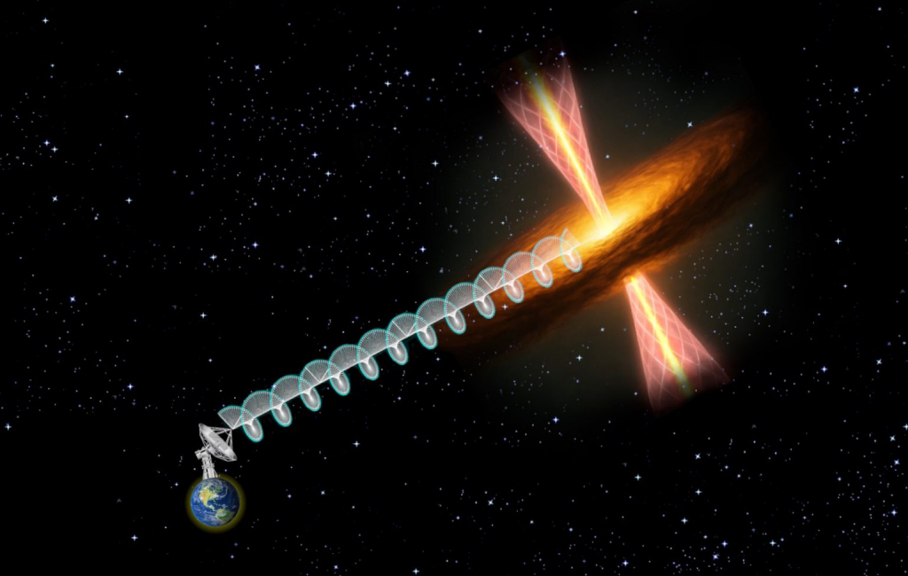 Schematic of circular polarization being detected in radio waves from a massive protostar surrounded by a disk and driving a bipolar jet. 