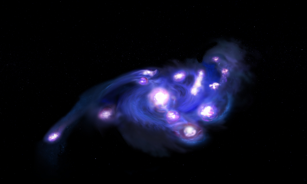 An artist’s impression of the “Cosmic Grapes” galaxy, composed of at least 15 massive star forming clumps—far more than current theoretical models predict could exist within a single rotating disk at this early time. 