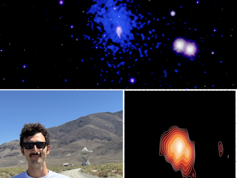 Top panel: the cluster of galaxies (white/violet) and its hot gaseous atmosphere (blue); bottom right panel: NSF VLBA image of the recently awakened central black hole and its tiny jets; bottom left panel: the first author of the article, Francesco Ubertosi, with one of the NSF VLBA antennas (Owens Valley, CA) used for the observations in the background.