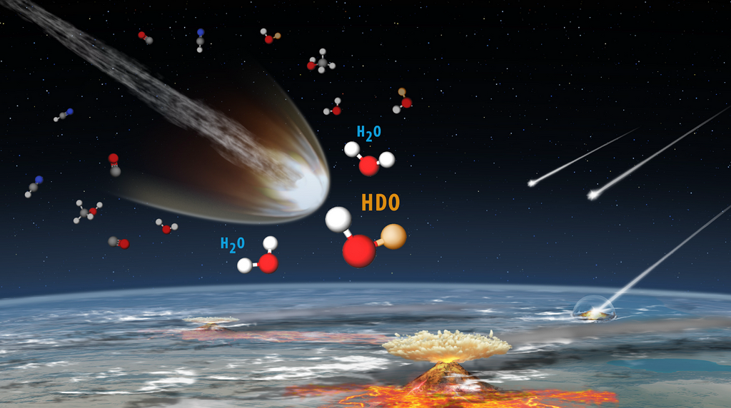 Digital models of water molecules surround a comet.