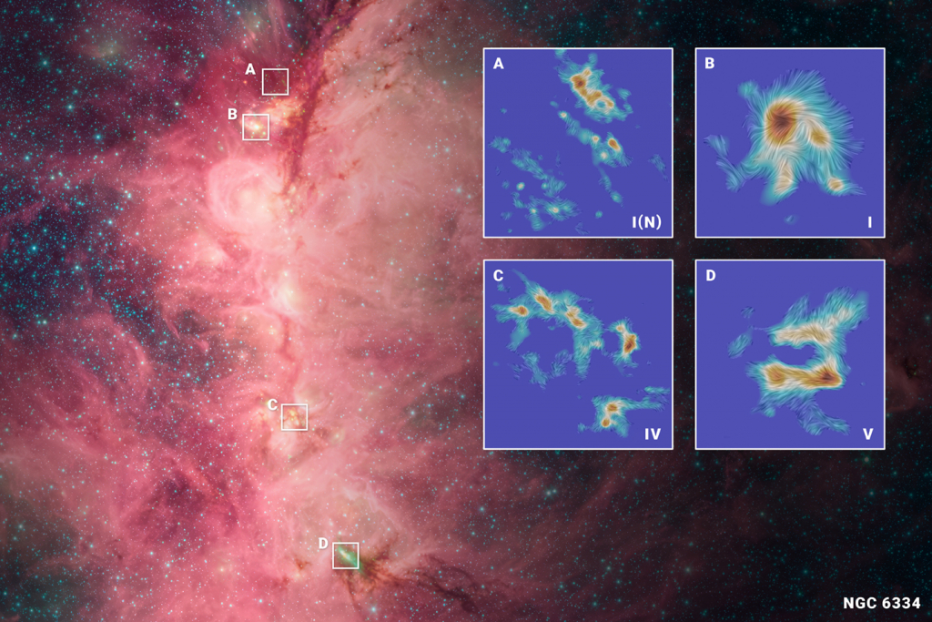 Star formation region in molecular cloud NGC 6334, also known as the Cat's Paw Nebula, actively forming stars,