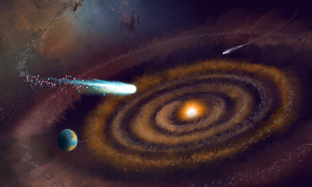 Digital illustration of the evolution of heavy water molecules as they have been observed in giant molecular clouds, a planet forming-disk, and comets.