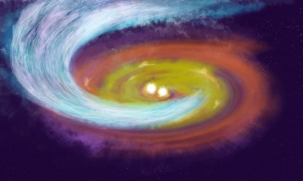 Digital illustration of new ALMA observations revealing spiral-shaped gas streamer guided by magnetic fields in a star-forming nursery
