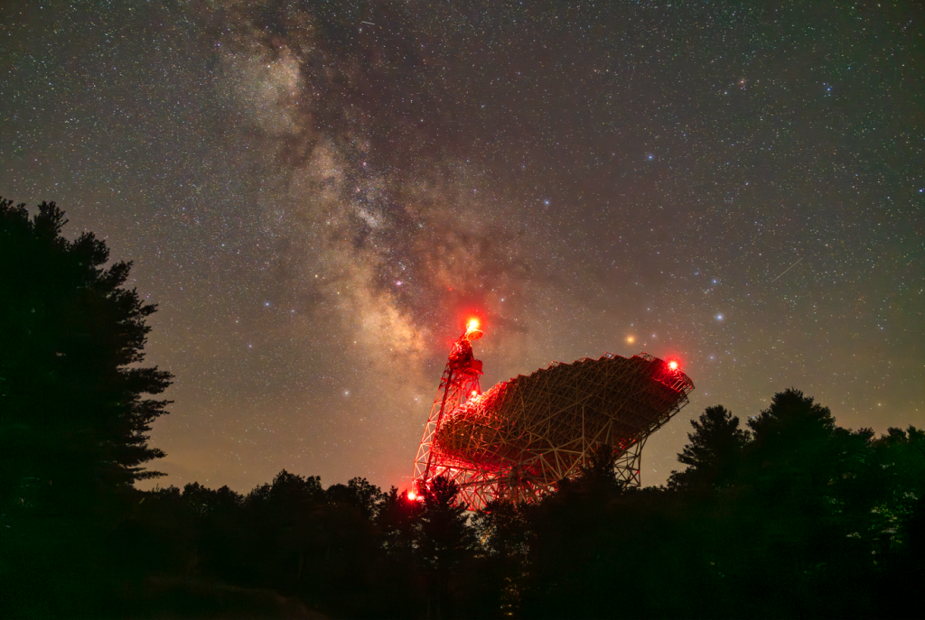 Night sky filled with stars and the Milky Way galaxy, with Green Bank Telescope prominently featured in the foreground.