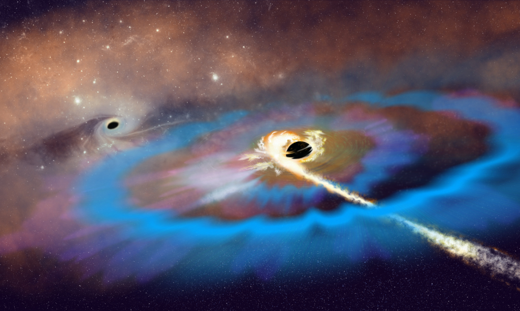 Digital illustration of two massive black holes with a galaxy. 