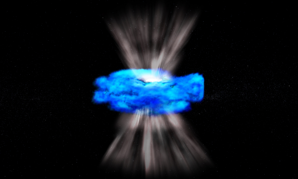 A star explodes into a dense disk of helium-rich material, generating strong radio waves.