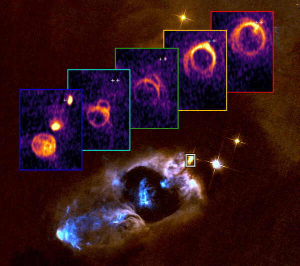 A “tomographic” view of how the supersonic protostellar jet from SVS 13 interacts with the surrounding ambient medium. In the background, an image shows the cavity carved out by the outflow, along with the Herbig–Haro knots visible at optical wavelengths.