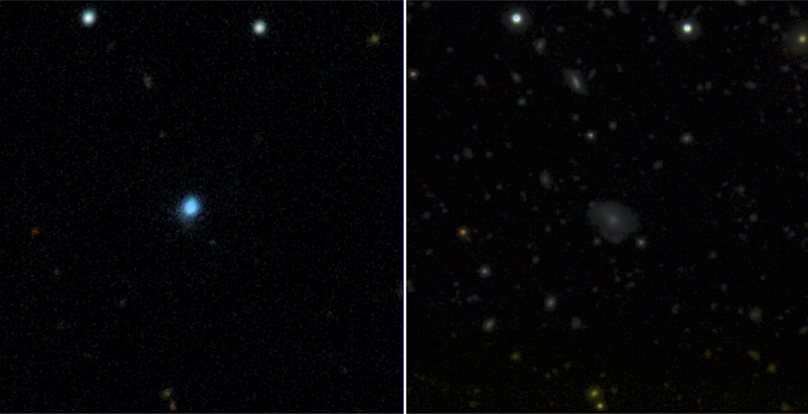 An extremely luminous fast blue optical transient, AT2024wpp, flares as a bright blue point of light.
