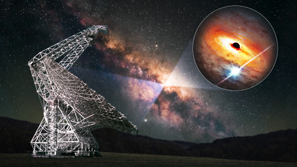Green Bank Telescope with a digital composition of the black hole at the center of the Milky Way Galaxy.