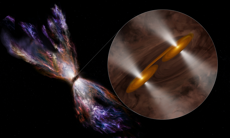An artistic depiction of twin stars being born featuring a butterfly-shaped cloud of colorful gas and dust surrounding a central black region. An inset shows a detailed close-up of twin, bright disk-like structures with jets emerging. The background is a starry space scene.