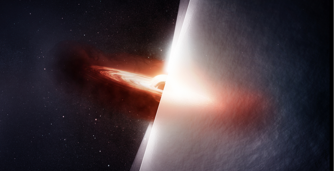 A quasar as it truly appears, with a bright accretion disk and jets blasting into the galaxy like a beacon through the darkness.