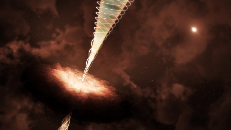 A cloudy disk-like structure is forming in the left, bottom corner with a star at its center. There are jets of light coming from below and above the star with a string-like, spiraling structure surrounding the jets. The spiral structure is stretched out as it begins just above and below the star, then transitions to consistent ring-like turns as it moves farther from the star. There is another star/disk/jet indicated in the distance at the top right corner. These two structures are in a dense, cloudy atmosphere with glimpses of a star field in breaks of the clouds.