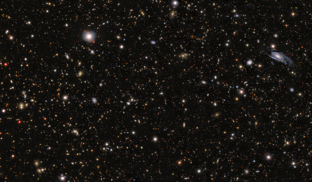 The field around the progenitor to supernova SN 2026gzf. The supernova progenitor appears as a bright blue dot within the galaxy located in the middle of the upper third at the center of this image. 