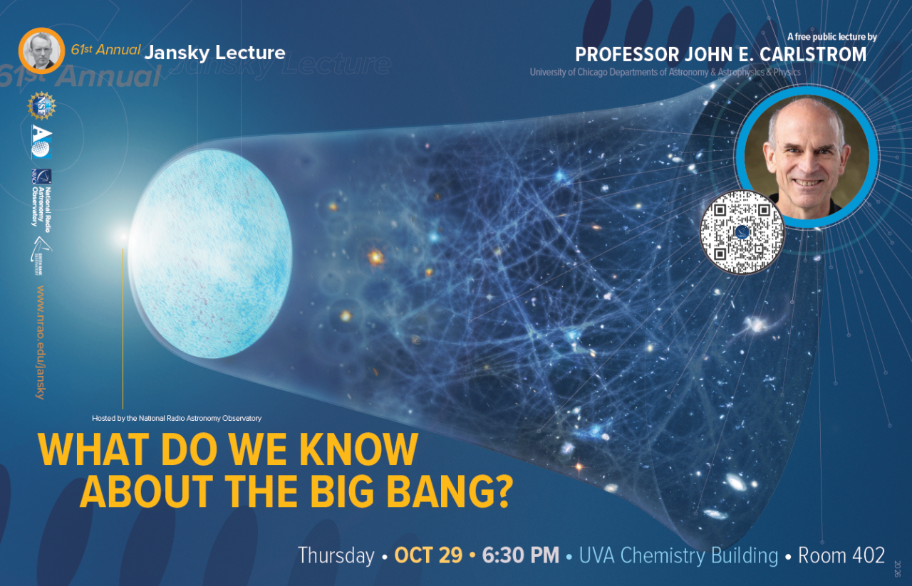 A promotional image for the 61st Annual Jansky Lecture featuring Professor John E. Carlstrom. The background showcases an artistic depiction of cosmic structures and a planet-like sphere, symbolizing topics related to the Big Bang. Text details the event: "What Do We Know About the Big Bang?" scheduled for Thursday, October 29, at 6:30 PM in Room 402 of the UVA Chemistry Building. Hosted by the National Radio Astronomy Observatory. A photo of the professor is included.